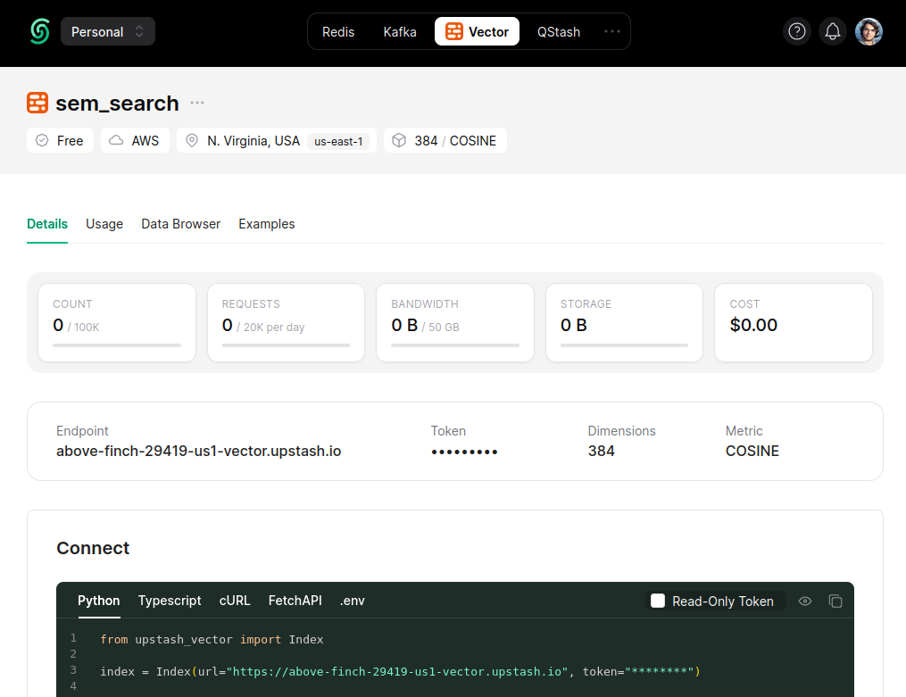 Figure 2: Connect section in Upstash console.